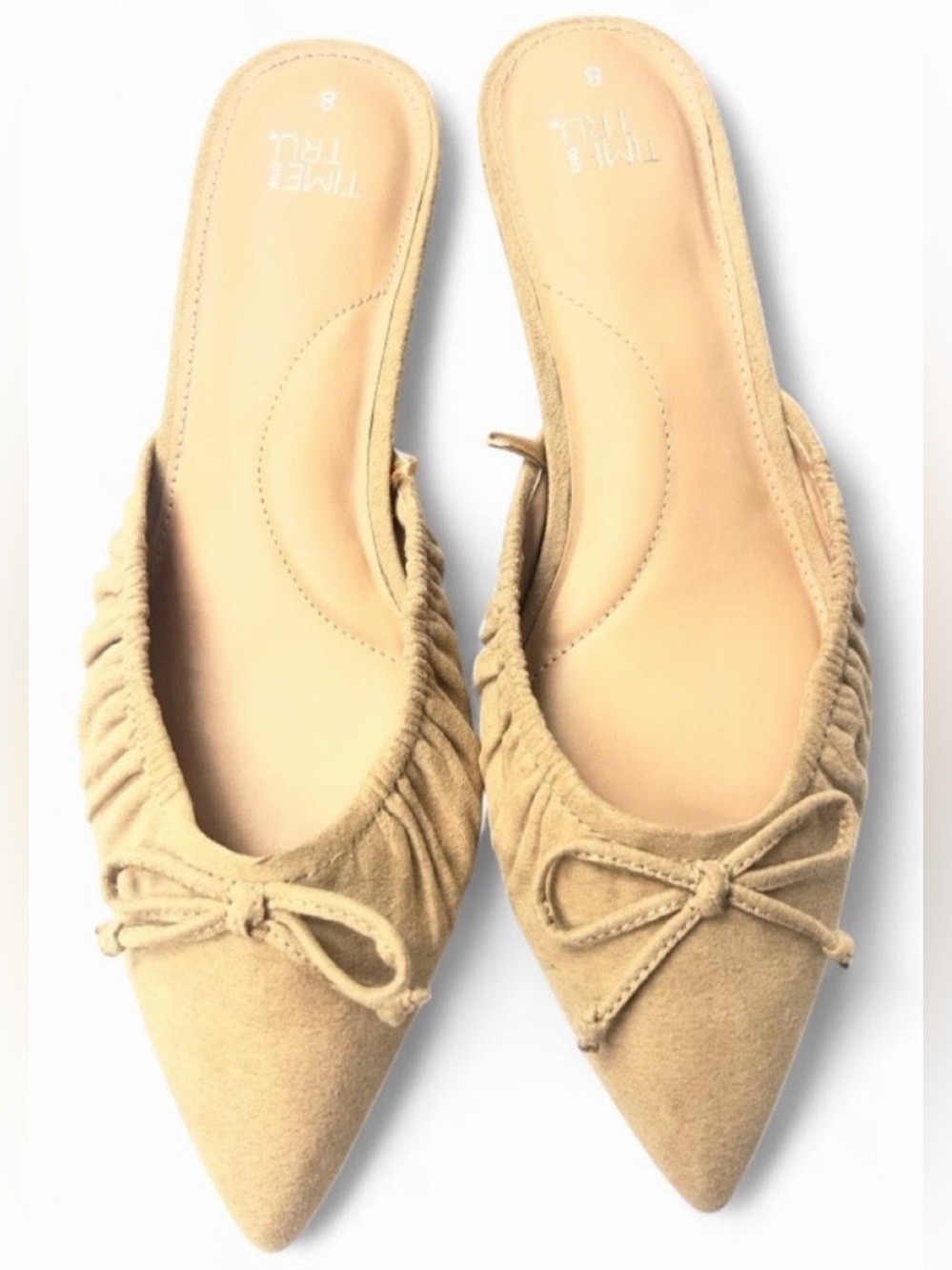 Time & Tru Beige Pointed-Toe Kitten Heel Bow Mules
